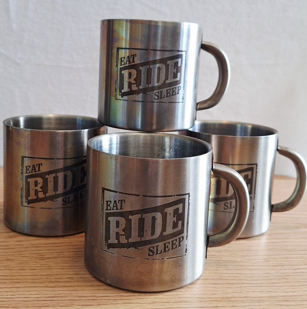 Vtg Eat Sleep Ride Motorcycle Mugs Stainless Steel Coffee Cups Marlboro Set Of 4